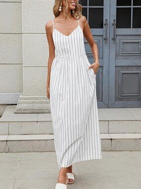 Striped Maxi Dress | Sleeveless V-Neck Dress | Flowy Summer Beach Dress Pockets
